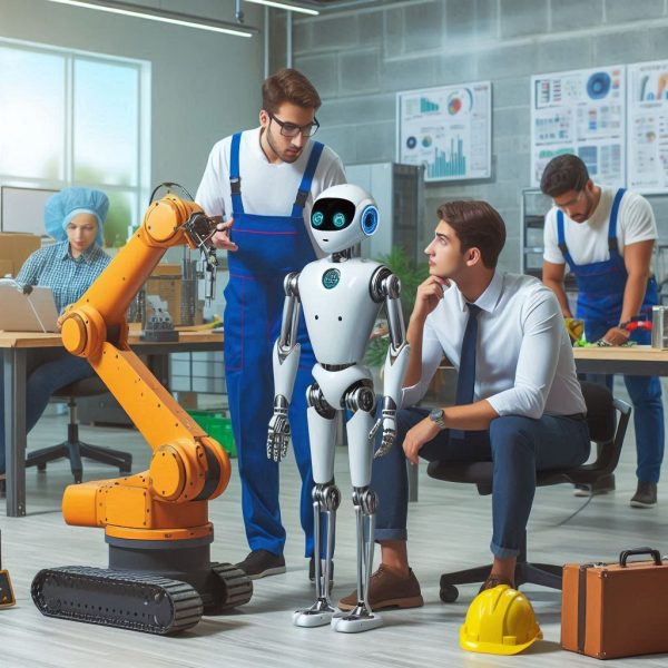 Robot and humans collaborating in a workplace setting Robot and humans collaborating in a workplace setting